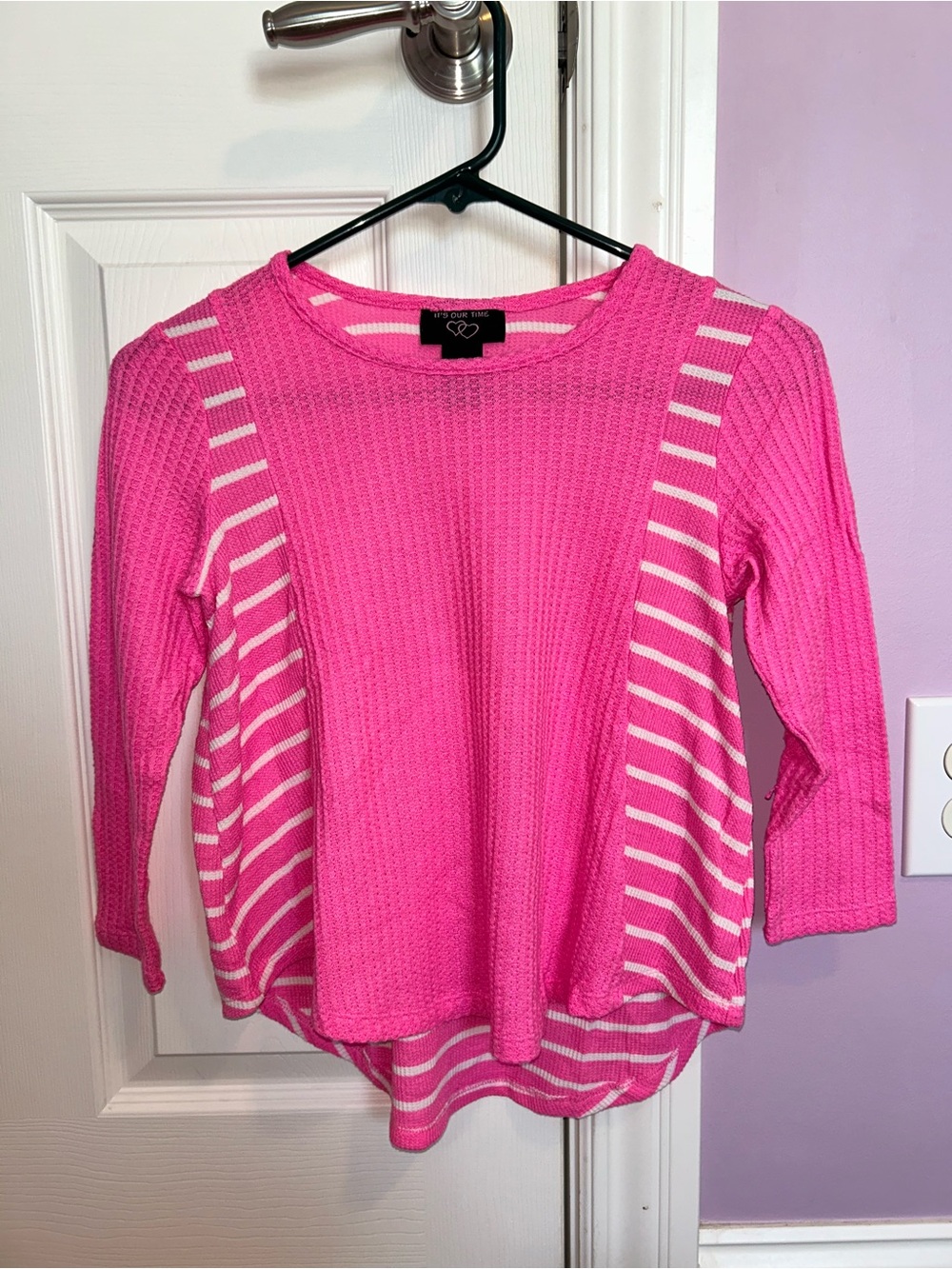 It's Our Time Bright Pink & White Waffle Knit Striped Girls Sweater